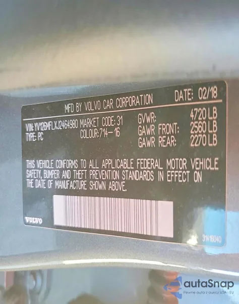 2018 Volv S60 Dynamic z USA, uszkodzony, nr VIN YV126MFLXJ2464980